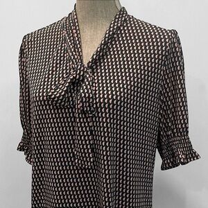 Adrianna Papell Bow Tie Blouse Pink Green Black Stretch Print Size Large